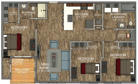 Floor plan for 1 bed, 1 bath, 783 sqft